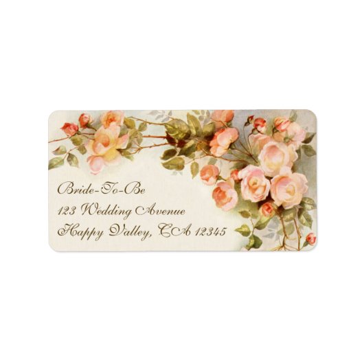ヴィンテージウェディング、アンティークピンクローズフラワーズフローラ ラベル (正面)