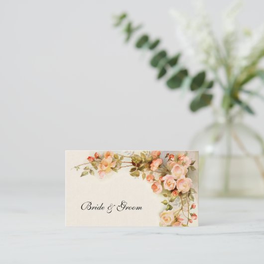 ヴィンテージウェディング、アンティークピンクローズフラワーズフローラ 名刺 (スタンド正面)
