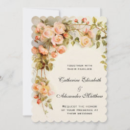 ヴィンテージウェディング、アンティークピンクローズフラワーズフローラ 招待状