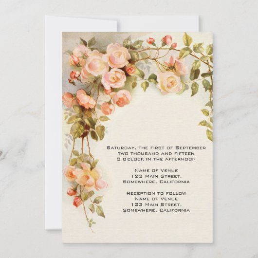 ヴィンテージウェディング、アンティークピンクローズフラワーズフローラ 招待状 (裏面)