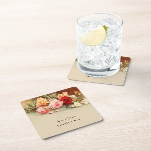 ヴィンテージウェディング、アンティークローズの花の静物 スクエアペーパーコースター (インサイチュ)