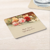 ヴィンテージウェディング、アンティークローズの花の静物 スクエアペーパーコースター (アングル)