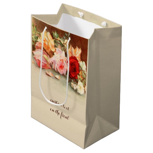 ヴィンテージウェディング、アンティークローズの花の静物 ミディアムペーパーバッグ (正面アングル)