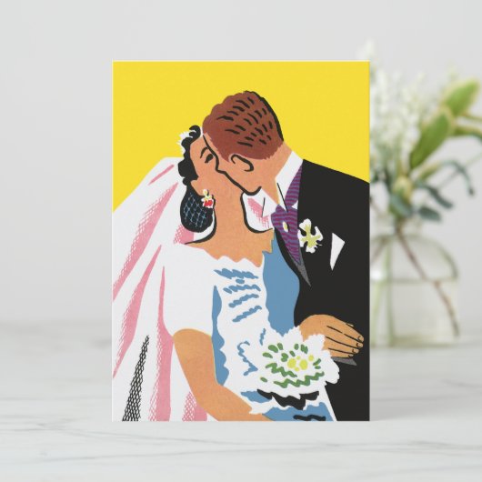 ヴィンテージウェディング、キスする新婦と新郎の新婚カップル 案内状 (スタンド正面)