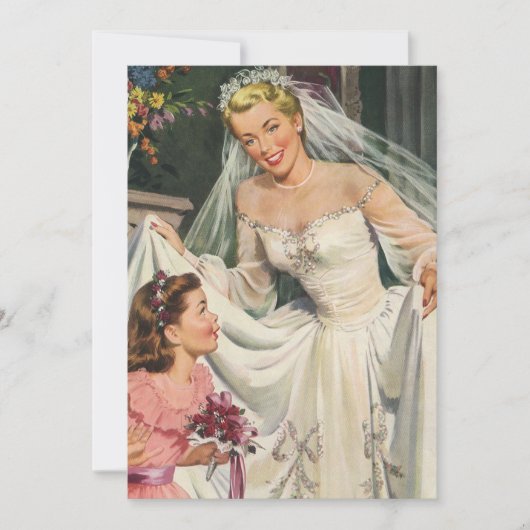 ヴィンテージウェディング、フラワーガールとレトロな花嫁 招待状 (正面)