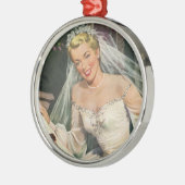 ヴィンテージウェディング、フラワーガールのいるレトロな花嫁 メタルオーナメント (左)