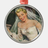 ヴィンテージウェディング、フラワーガールのいるレトロな花嫁 メタルオーナメント (正面)