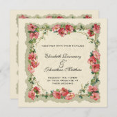 ヴィンテージウェディング、フローラ縁どフラワーピンクのバラ 招待状 (正面/裏面)