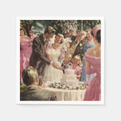 ヴィンテージウェディング ブライド グルーム 新婚夫婦がケーキをカット スタンダードカクテルナプキン (正面)