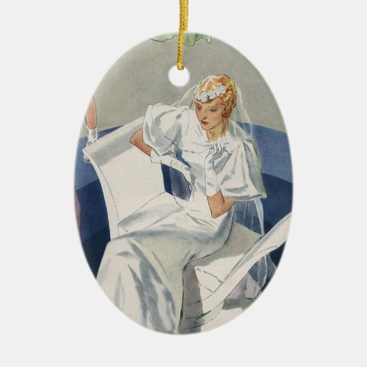 ヴィンテージウェディング、ミッドセンチュリーモダンアートデコの花嫁 セラミックオーナメント (正面)