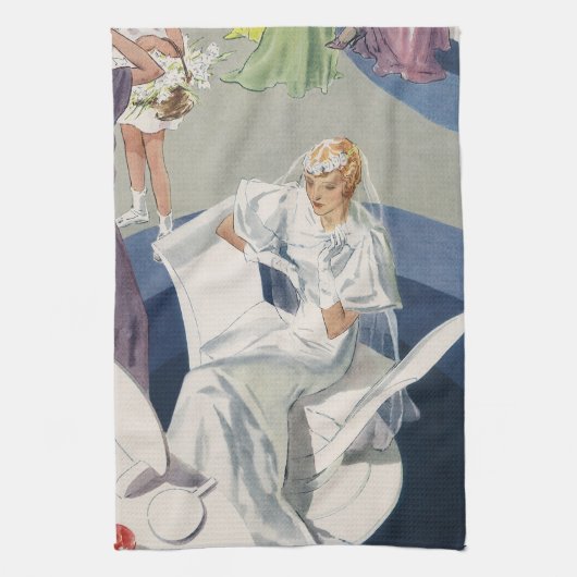 ヴィンテージウェディング、ミッドセンチュリーモダンアールデコ花嫁 キッチンタオル (縦)