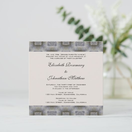ヴィンテージウェディング、レトロなグレーのスクエアとストライプ 招待状 (スタンド正面)