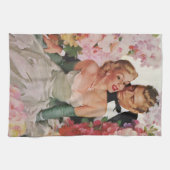 ヴィンテージウェディング、レトロな花嫁と新郎の新婚夫婦 キッチンタオル (横)