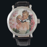 ヴィンテージウェディング、レトロな花嫁と新郎の新婚夫婦 腕時計<br><div class="desc">美しいピンクと白の花園の花に囲まれた、ウェディングドレスの花嫁とタキシードの新郎をフィーチャーしたヴィンテージイラストのラブ＆ロマンスデザイン。</div>