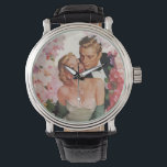 ヴィンテージウェディング、レトロな花嫁と新郎の新婚夫婦 腕時計<br><div class="desc">美しいピンクと白の花園の花に囲まれた、ウェディングドレスの花嫁とタキシードの新郎をフィーチャーしたヴィンテージイラストのラブ&ロマンスデザイン。</div>