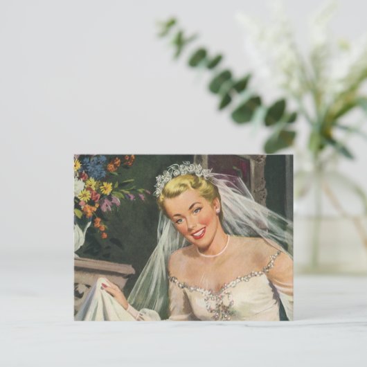 ヴィンテージウェディング、レトロブライドウィズフラワーガール ポストカード (スタンド正面)
