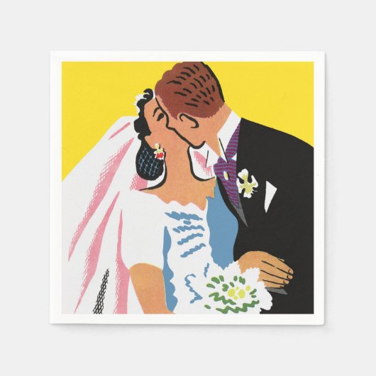 ヴィンテージウェディング、レトロ新郎新婦キスをする スタンダードカクテルナプキン (正面)