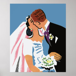 ヴィンテージウェディング、レトロ新郎新婦キスをする ポスター