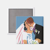 ヴィンテージウェディング、レトロ新郎新婦キスをする マグネット (正面/裏面)