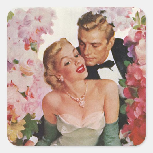 ヴィンテージウェディング、レトロ新郎新婦 スクエアシール (正面)