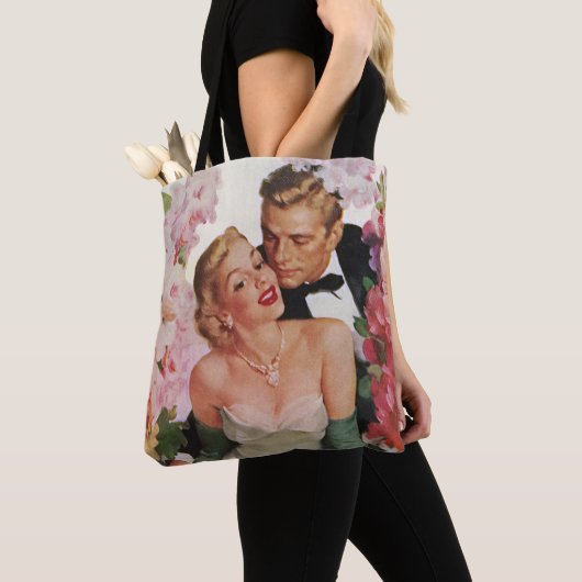 ヴィンテージウェディング、レトロ新郎新婦 トートバッグ (クローズアップ)