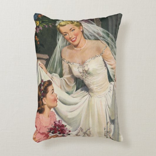 ヴィンテージウェディング、レトロ花嫁とフラワーガール アクセントクッション (正面(垂直))