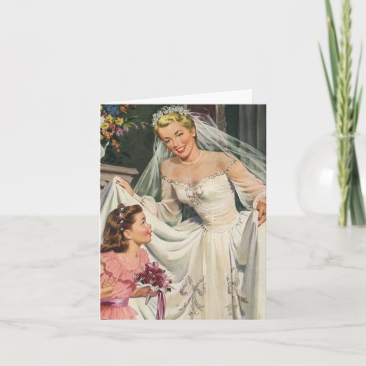 ヴィンテージウェディング、レトロ花嫁とフラワーガール カード (正面)