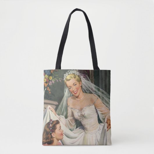 ヴィンテージウェディング、レトロ花嫁とフラワーガール トートバッグ (正面)