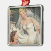 ヴィンテージウェディング、レトロ花嫁とフラワーガール メタルオーナメント (左)