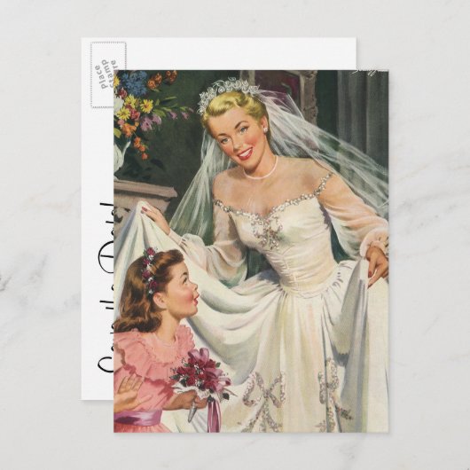 ヴィンテージウェディング、レトロ花嫁の日付を保存 案内ポストカード (正面/裏面)