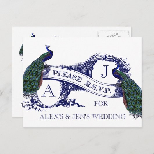 ヴィンテージウェディング、孔雀ウェディングRSVPカード インビテーションポストカード (正面/裏面)