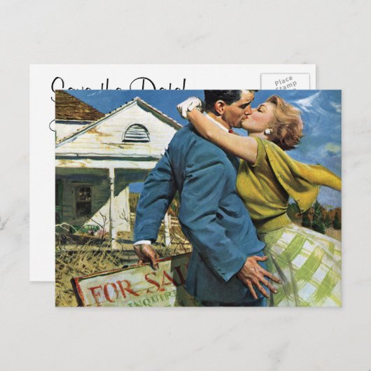 ヴィンテージウェディング、新婚の日付を保存 案内ポストカード (正面/裏面)