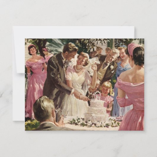 ヴィンテージウェディング 新婚夫婦がケーキをカットする Save the Date 招待状 (正面)