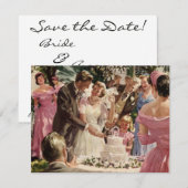 ヴィンテージウェディング 新婚夫婦がケーキをカットする Save the Date 招待状 (正面/裏面)