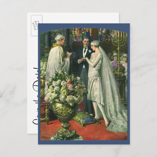 ヴィンテージウェディング、新婦と新郎が日付を保存 案内ポストカード (正面/裏面)