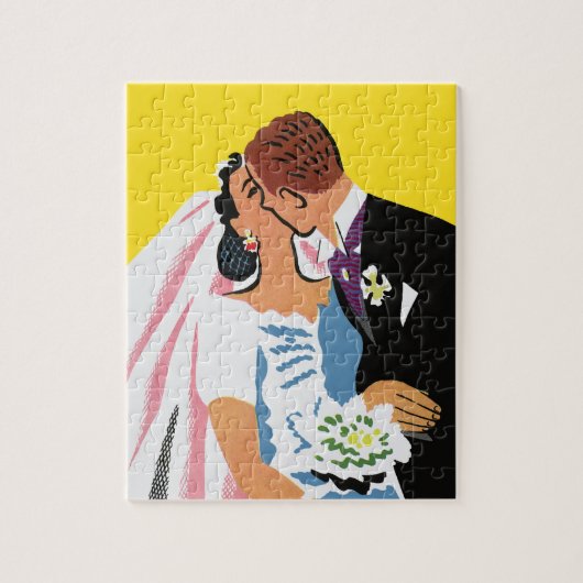 ヴィンテージウェディング、新郎新婦キスをする ジグソーパズル (縦)