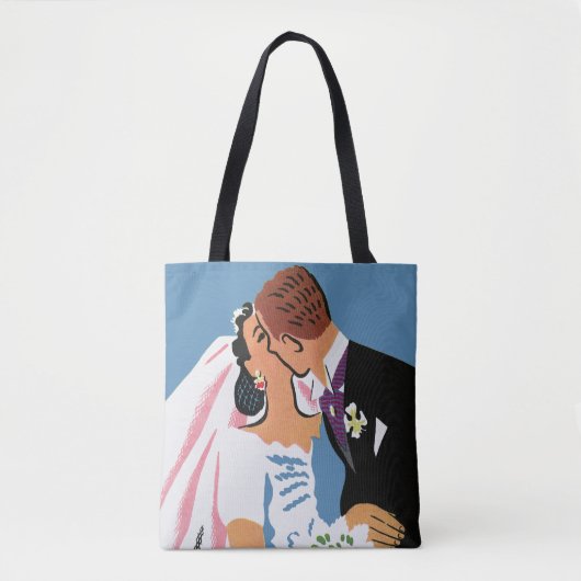 ヴィンテージウェディング、新郎新婦キスをする トートバッグ (正面)