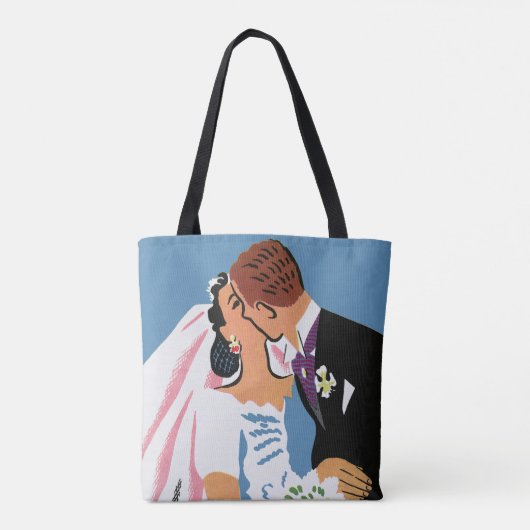 ヴィンテージウェディング、新郎新婦キスをする トートバッグ (裏面)