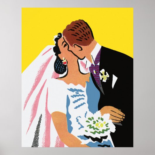 ヴィンテージウェディング、新郎新婦キスをする ポスター (正面)