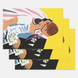 ヴィンテージウェディング、新郎新婦キスをする ラッピングペーパーシート