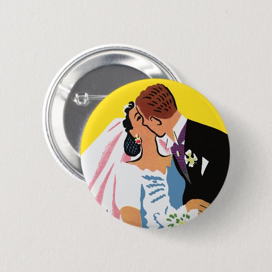 ヴィンテージウェディング、新郎新婦キスをする 缶バッジ (正面&裏面)