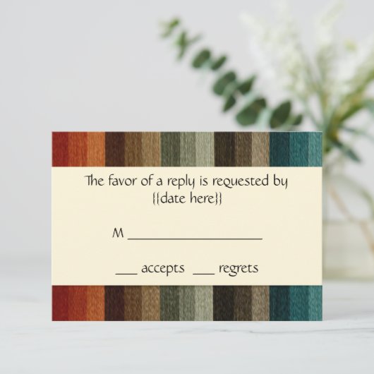 ヴィンテージウェディング、暖かい秋のストライプパターン 出欠カード (スタンド正面)