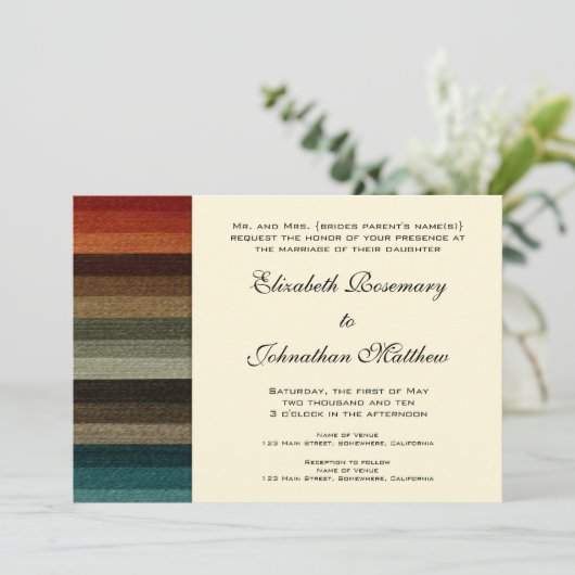 ヴィンテージウェディング、暖かい秋のストライプパターン 招待状 (スタンド正面)