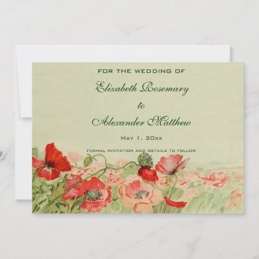 ヴィンテージウェディング、赤いケシの花は日付を保存 セーブザデート (裏面)