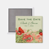 ヴィンテージウェディング、赤いケシの花は日付を保存 マグネット (正面/裏面)