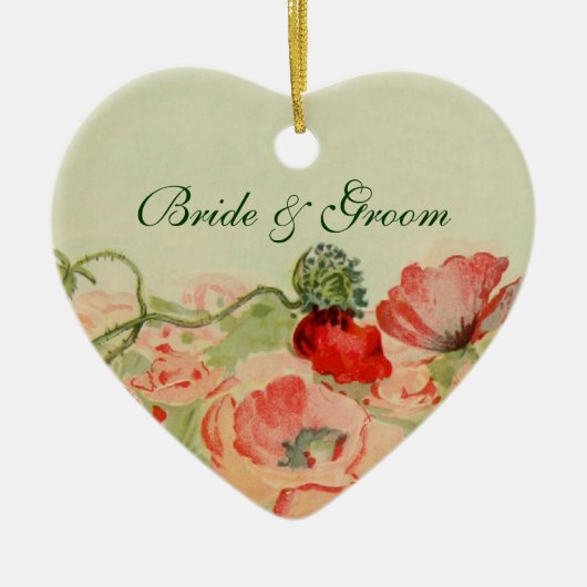ヴィンテージウェディング、赤ポピー花フローラ牧草地 セラミックオーナメント (正面)