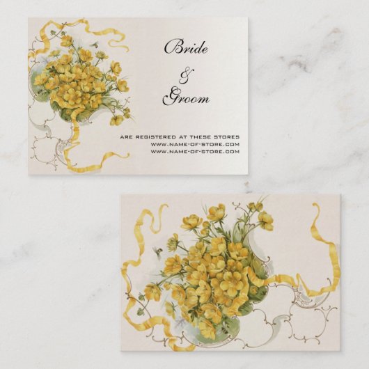 ヴィンテージウェディング、黄色いバターカップの花とミツバチ エンクロージャーカード (正面/裏面)