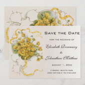 ヴィンテージウェディング、黄色いバターカップの花とミツバチ セーブザデート (正面/裏面)