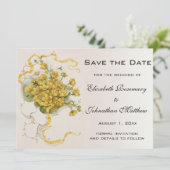 ヴィンテージウェディング、黄色いバターカップの花とミツバチ セーブザデート (スタンド正面)