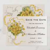 ヴィンテージウェディング、黄色いバターカップの花とミツバチ セーブザデート (正面/裏面)